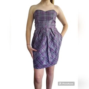 ROXY Purple/black Plaid shiny Strapless sweetheart neck Mini Dress M -NEW